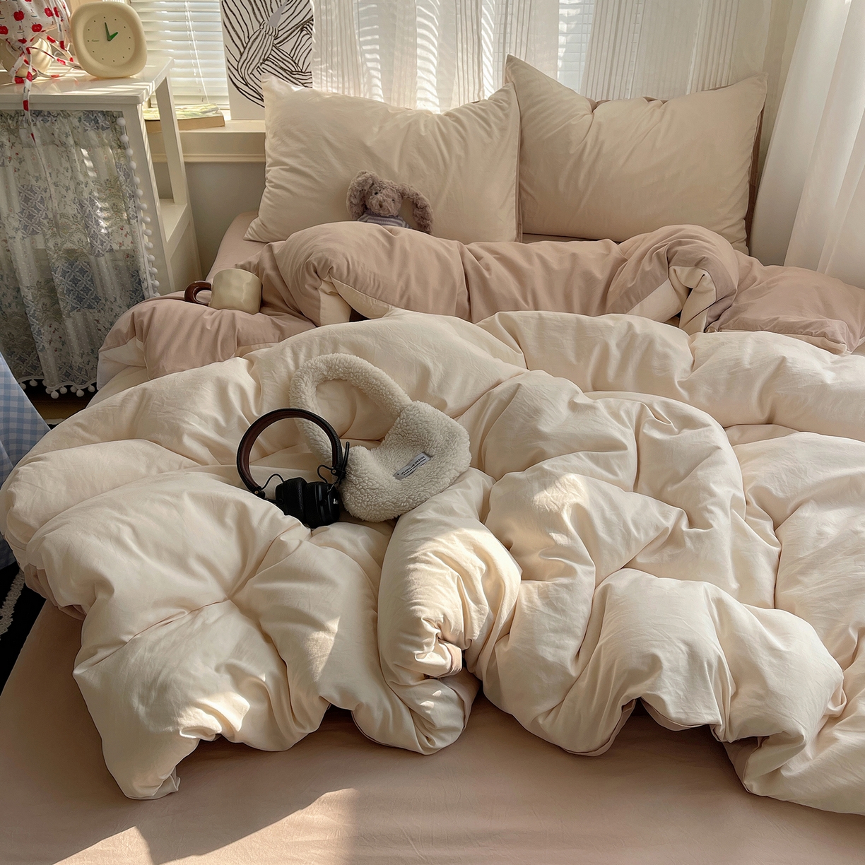 91家纺网 家纺一手货源 找家纺 沐芷 2026 纯色水洗棉A类四件套105g床上用品床单被套三件套---【提供买家秀】 杏色奶茶