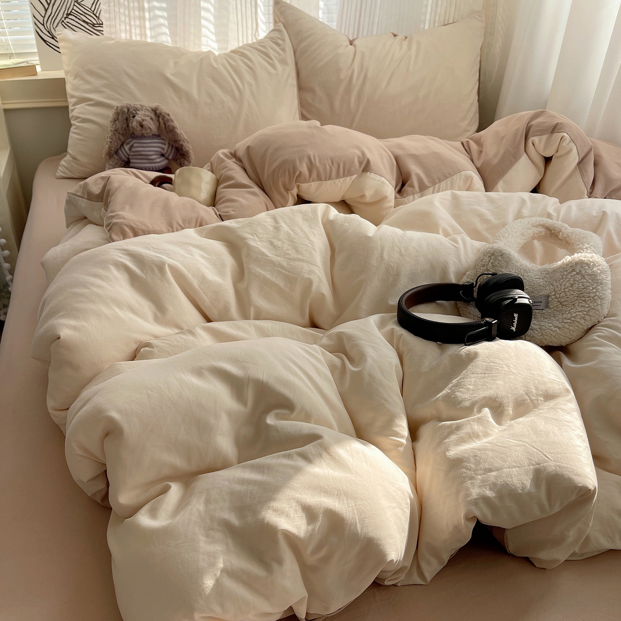 91家纺网 家纺一手货源 找家纺 沐芷 2026 纯色水洗棉A类四件套105g床上用品床单被套三件套---【提供买家秀】 杏色奶茶