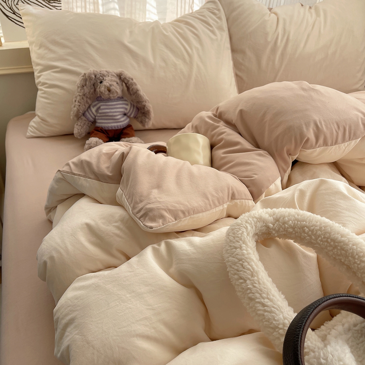 91家纺网 家纺一手货源 找家纺 沐芷 2026 纯色水洗棉A类四件套105g床上用品床单被套三件套---【提供买家秀】 杏色奶茶