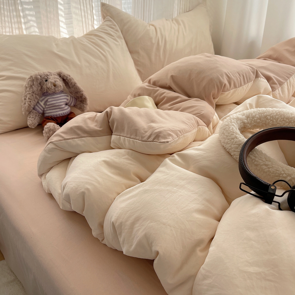 91家纺网 家纺一手货源 找家纺 沐芷 2026 纯色水洗棉A类四件套105g床上用品床单被套三件套---【提供买家秀】 杏色奶茶