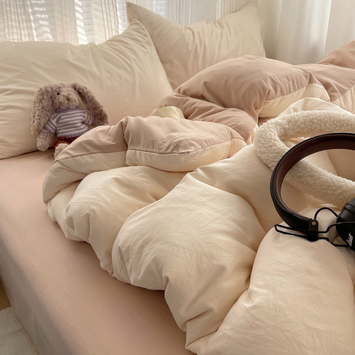 91家纺网 家纺一手货源 找家纺 沐芷 2026 纯色水洗棉A类四件套105g床上用品床单被套三件套---【提供买家秀】 杏色奶茶