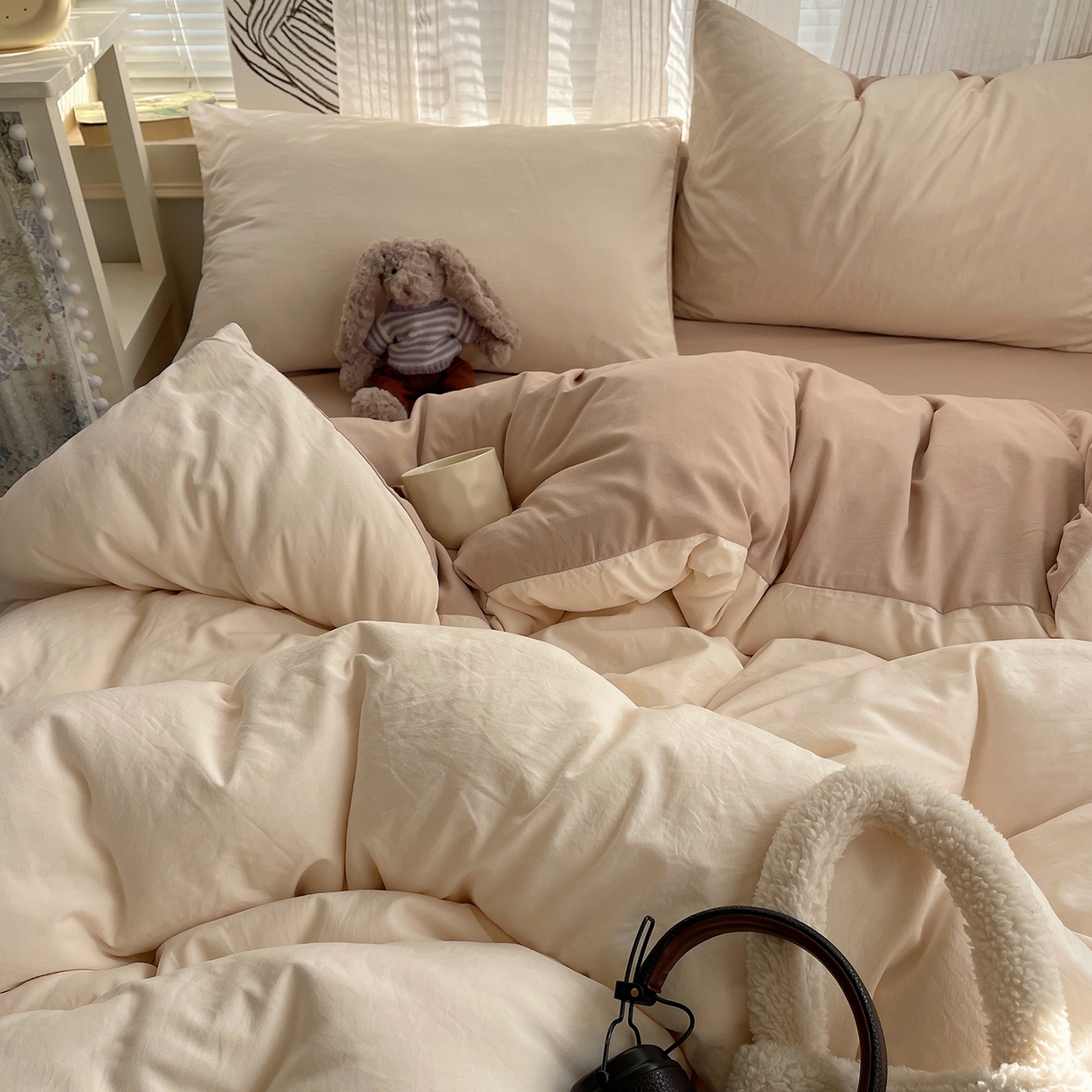 91家纺网 家纺一手货源 找家纺 沐芷 2026 纯色水洗棉A类四件套105g床上用品床单被套三件套---【提供买家秀】 杏色奶茶