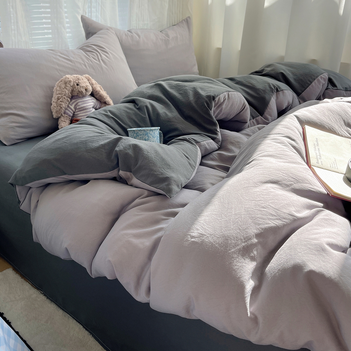 沐芷 2026 纯色水洗棉A类四件套105g床上用品床单被套三件套---【提供买家秀】 中灰高级灰