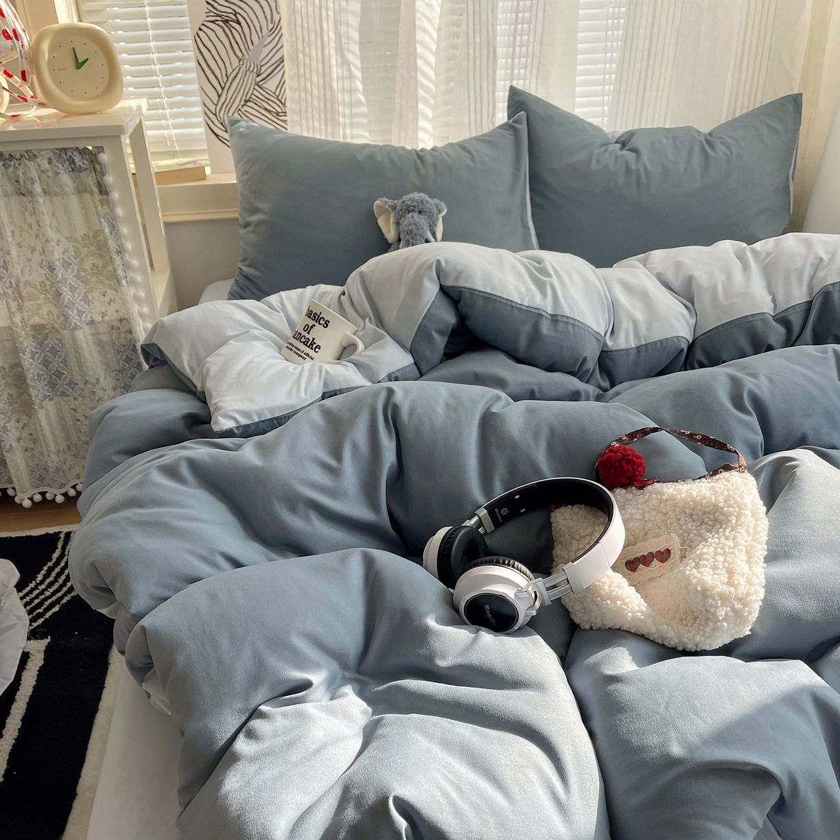 91家纺网 家纺一手货源 找家纺 沐芷 2026 纯色水洗棉A类四件套105g床上用品床单被套三件套---【提供买家秀】 雾蓝海盐