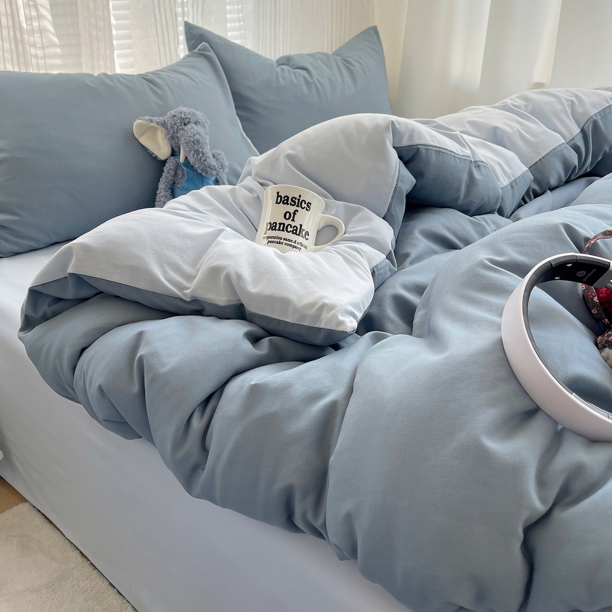 91家纺网 家纺一手货源 找家纺 沐芷 2026 纯色水洗棉A类四件套105g床上用品床单被套三件套---【提供买家秀】 雾蓝海盐