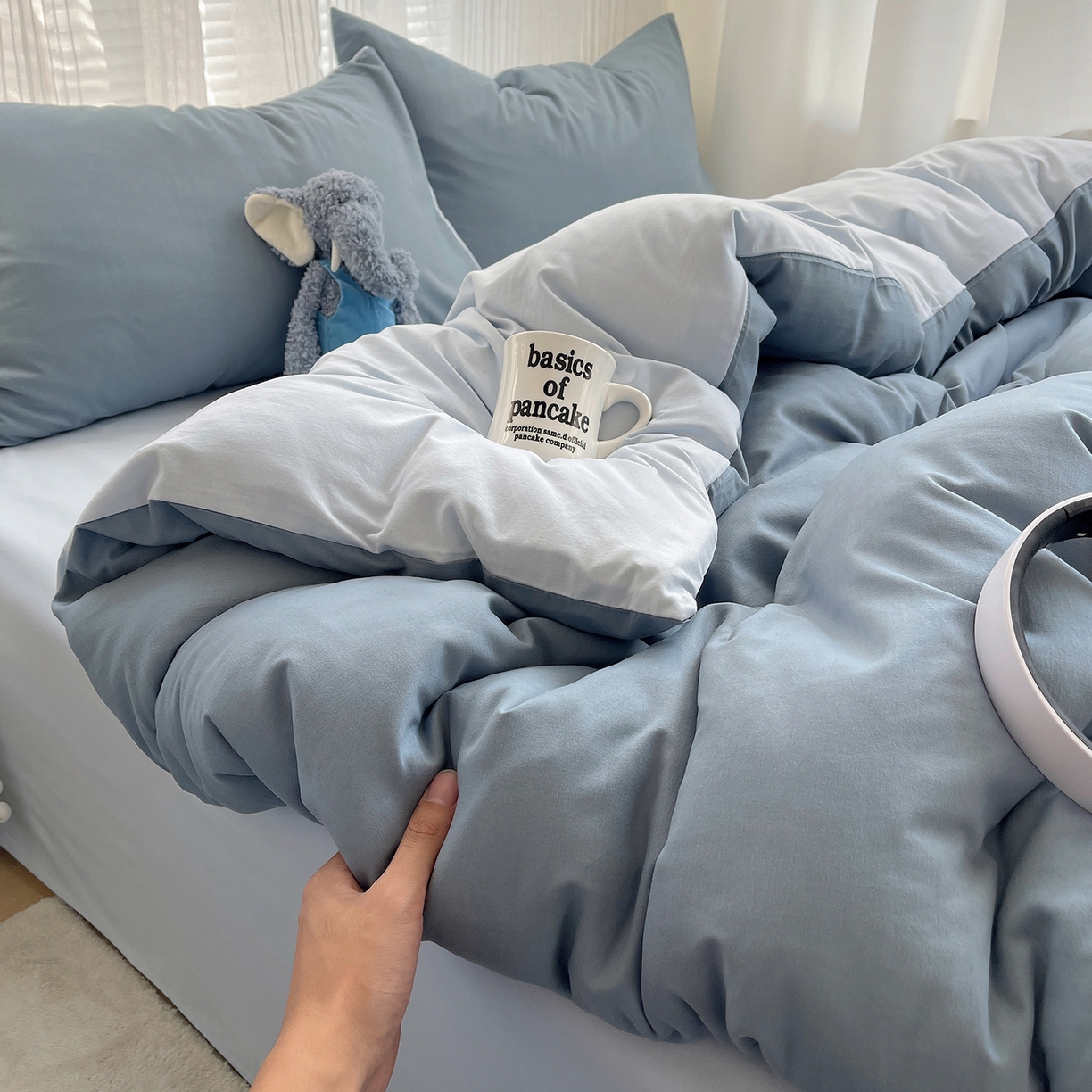 91家纺网 家纺一手货源 找家纺 沐芷 2026 纯色水洗棉A类四件套105g床上用品床单被套三件套---【提供买家秀】 雾蓝海盐