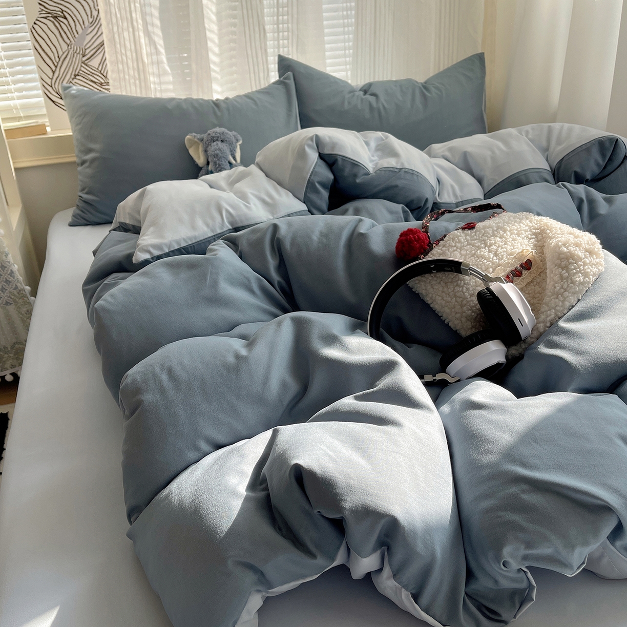 91家纺网 家纺一手货源 找家纺 沐芷 2026 纯色水洗棉A类四件套105g床上用品床单被套三件套---【提供买家秀】 雾蓝海盐