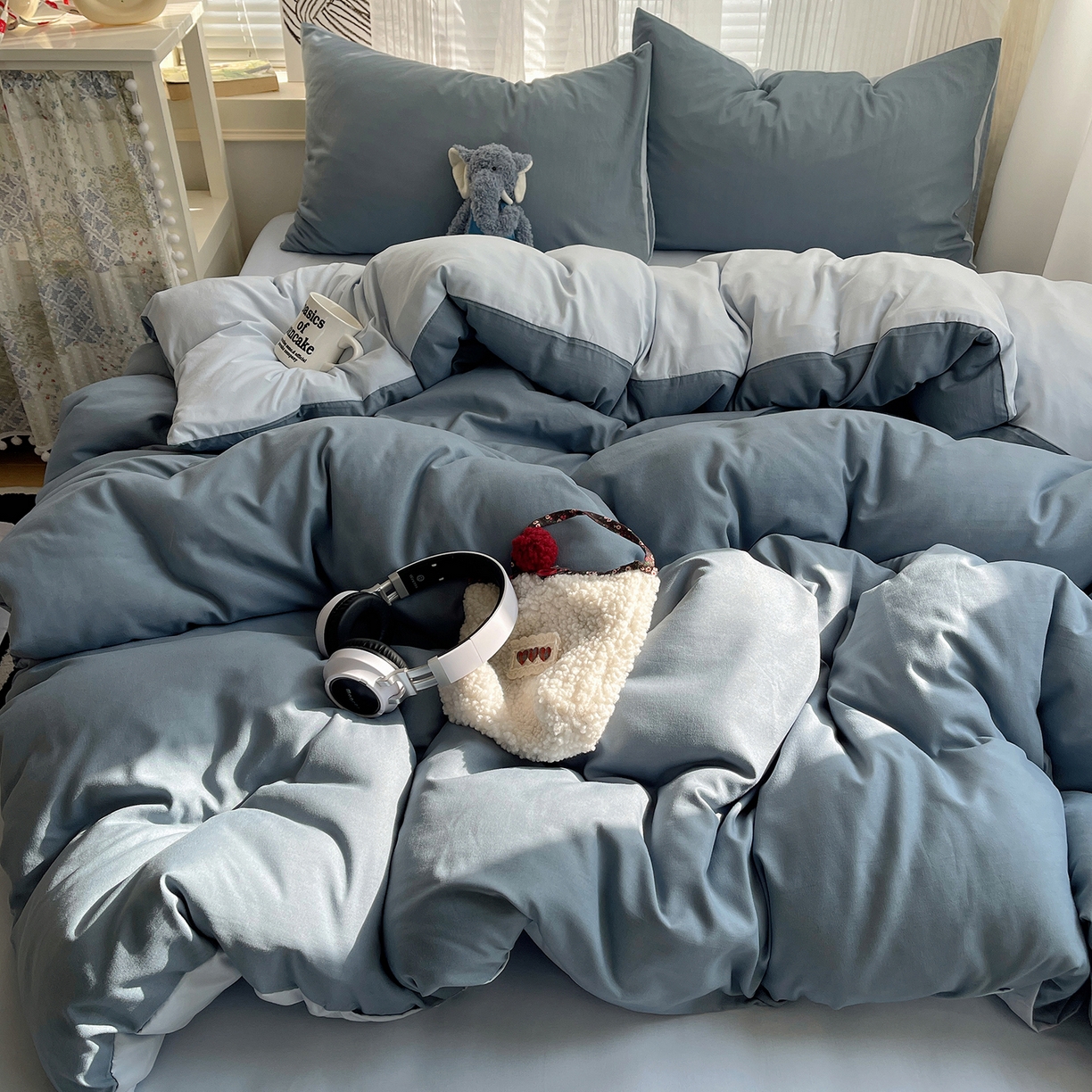 91家纺网 家纺一手货源 找家纺 沐芷 2026 纯色水洗棉A类四件套105g床上用品床单被套三件套---【提供买家秀】 雾蓝海盐