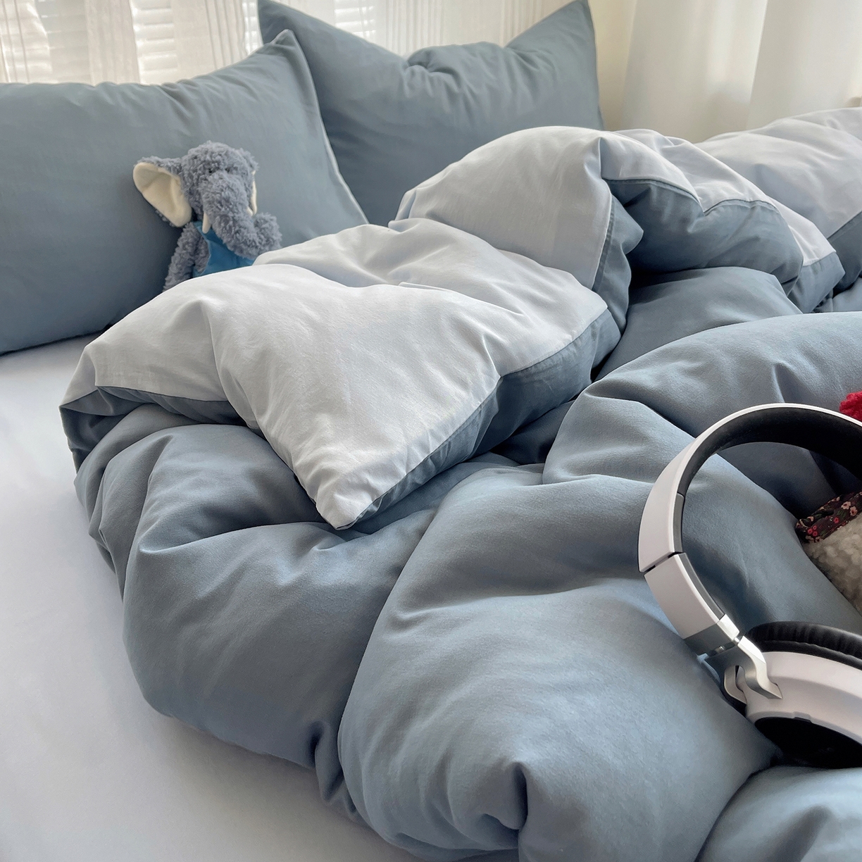 91家纺网 家纺一手货源 找家纺 沐芷 2026 纯色水洗棉A类四件套105g床上用品床单被套三件套---【提供买家秀】 雾蓝海盐