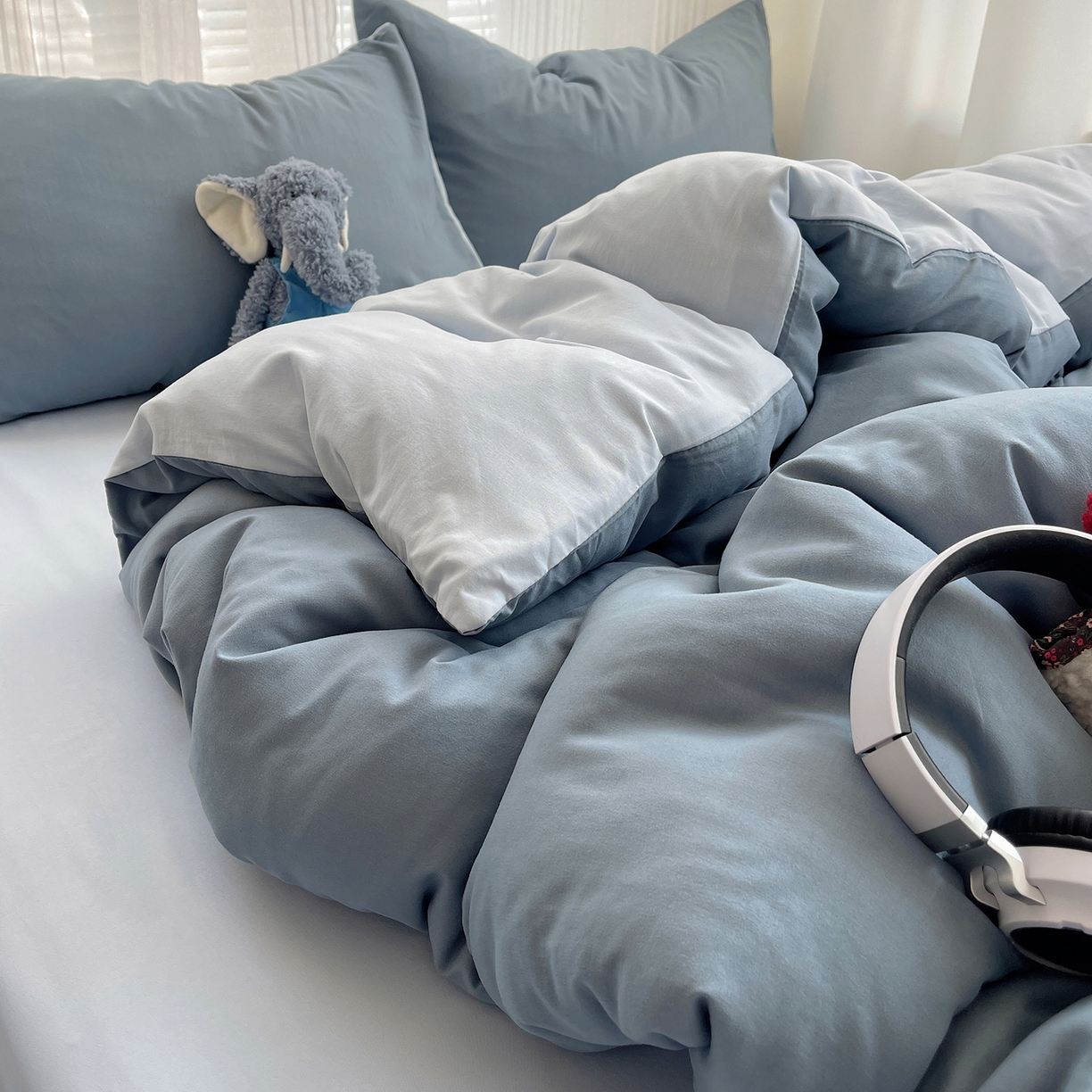 91家纺网 家纺一手货源 找家纺 沐芷 2026 纯色水洗棉A类四件套105g床上用品床单被套三件套---【提供买家秀】 雾蓝海盐