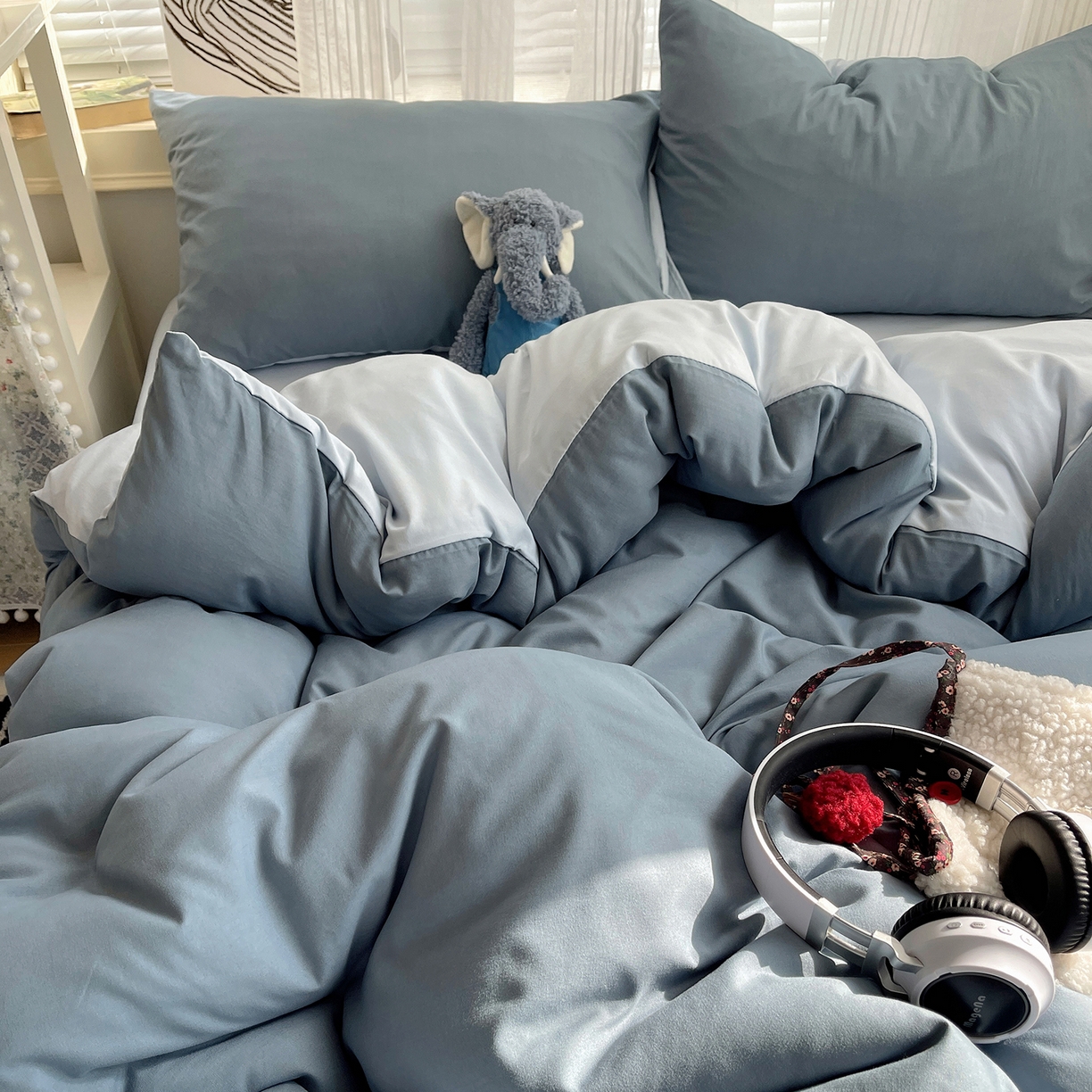 91家纺网 家纺一手货源 找家纺 沐芷 2026 纯色水洗棉A类四件套105g床上用品床单被套三件套---【提供买家秀】 雾蓝海盐