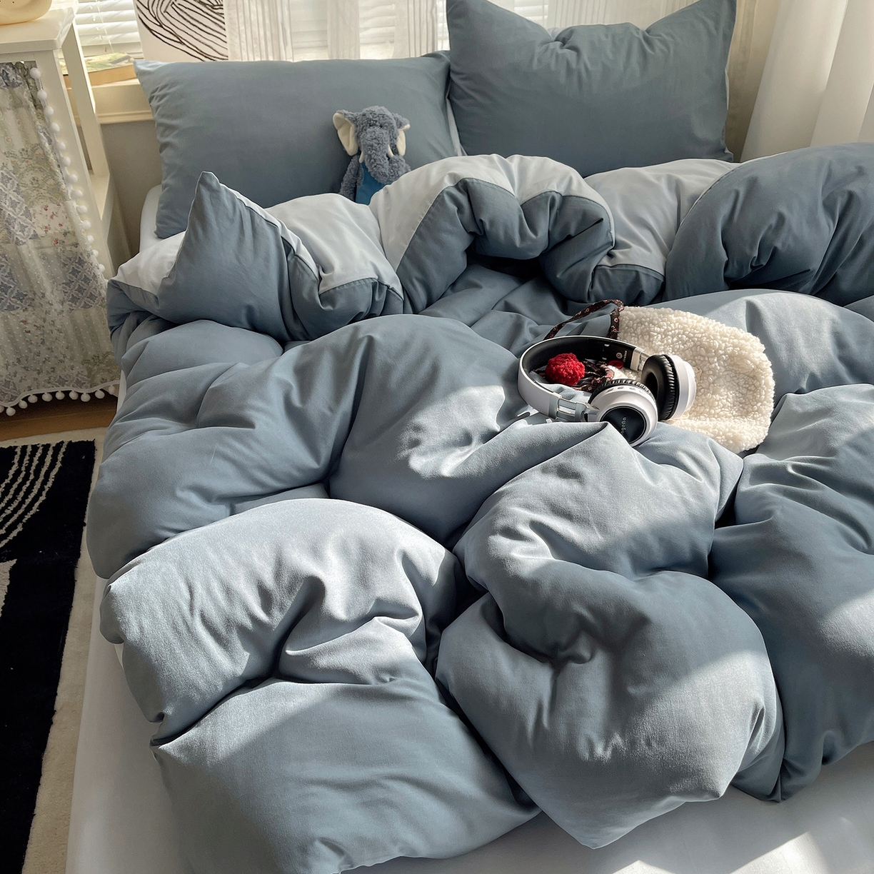 91家纺网 家纺一手货源 找家纺 沐芷 2026 纯色水洗棉A类四件套105g床上用品床单被套三件套---【提供买家秀】 雾蓝海盐