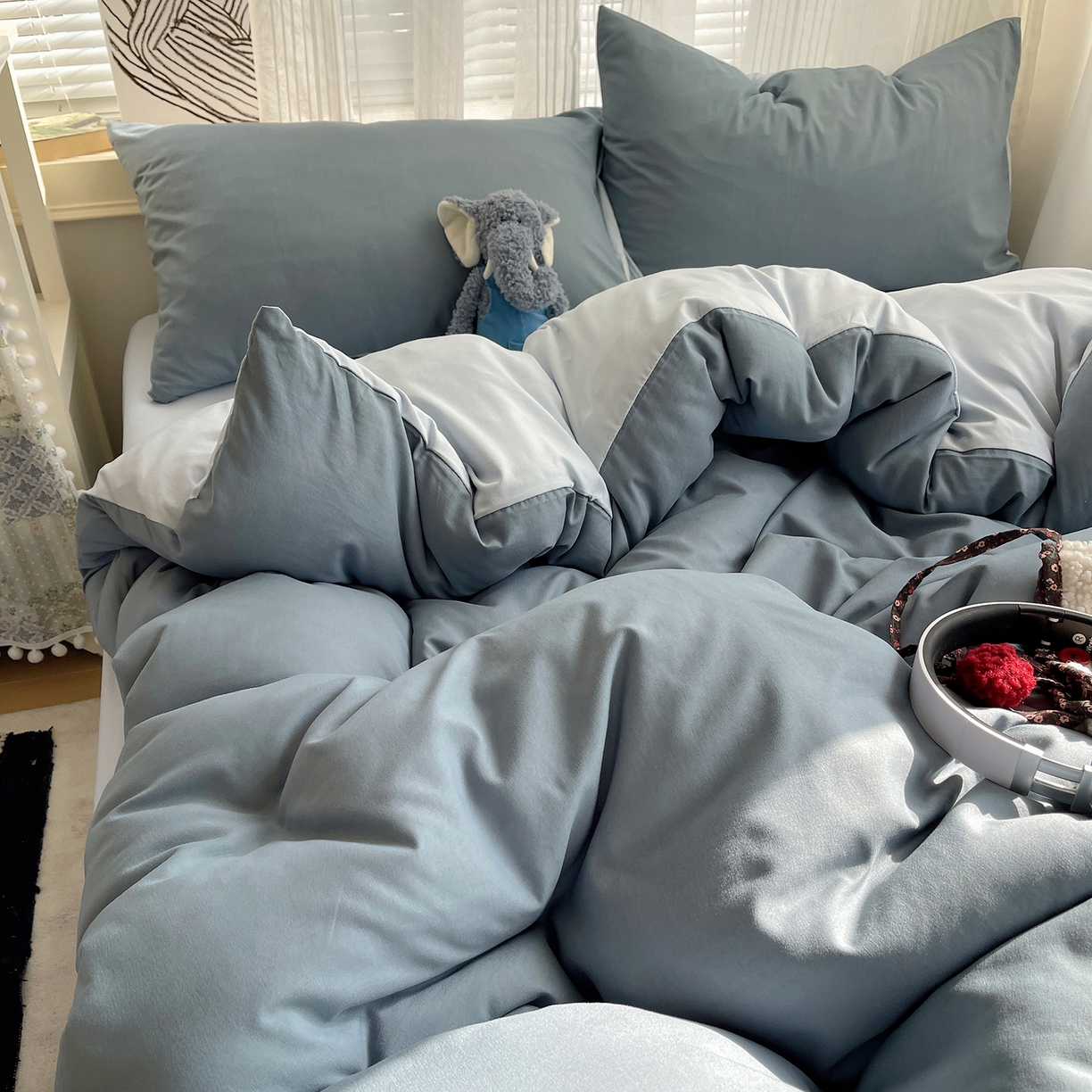 91家纺网 家纺一手货源 找家纺 沐芷 2026 纯色水洗棉A类四件套105g床上用品床单被套三件套---【提供买家秀】 雾蓝海盐