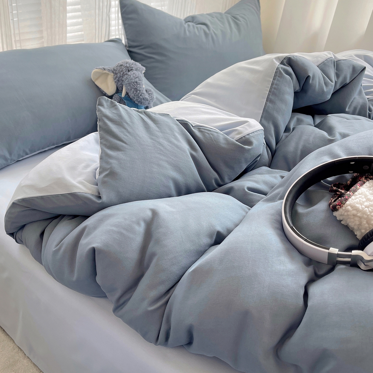91家纺网 家纺一手货源 找家纺 沐芷 2026 纯色水洗棉A类四件套105g床上用品床单被套三件套---【提供买家秀】 雾蓝海盐