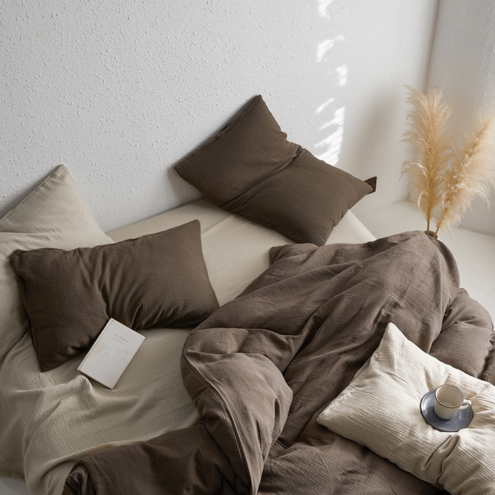 91家纺网 家纺一手货源 找家纺 山舍家居 2023新款美拉德色系双层纱四件套 沙茶栗