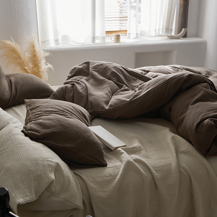 91家纺网 家纺一手货源 找家纺 山舍家居 2023新款美拉德色系双层纱四件套 沙茶栗