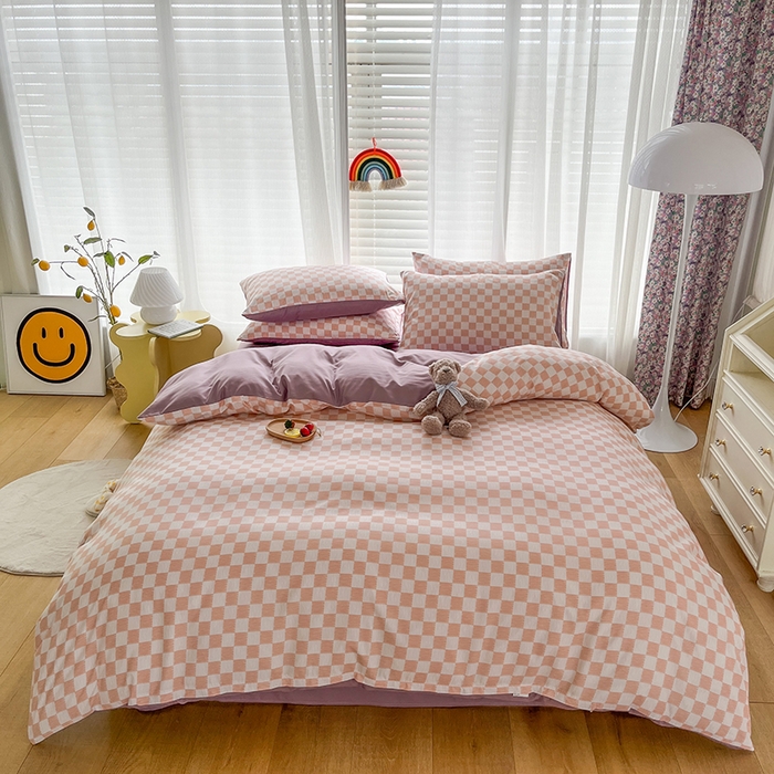 赫然家纺 新款舒适柔软亲肤爆款芦荟棉四件套货源充足 棋盘格-粉