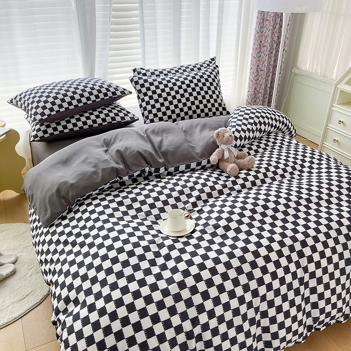 91家纺网 家纺一手货源 找家纺 赫然家纺 新款舒适柔软亲肤爆款芦荟棉四件套货源充足 棋盘格-黑