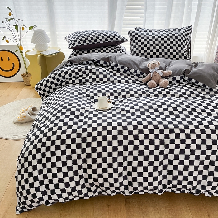 91家纺网 家纺一手货源 找家纺 赫然家纺 新款舒适柔软亲肤爆款芦荟棉四件套货源充足 棋盘格-黑