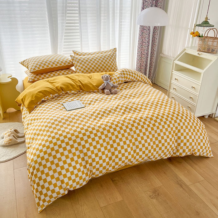 91家纺网 家纺一手货源 找家纺 赫然家纺 新款舒适柔软亲肤爆款芦荟棉四件套货源充足 棋盘格-黄