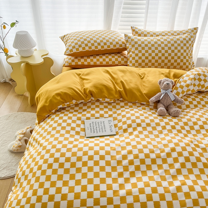 91家纺网 家纺一手货源 找家纺 赫然家纺 新款舒适柔软亲肤爆款芦荟棉四件套货源充足 棋盘格-黄