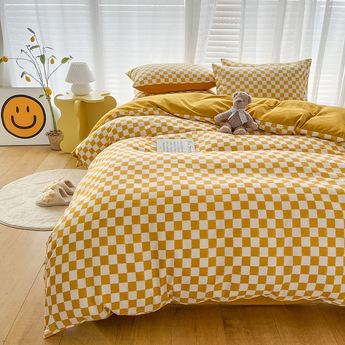 91家纺网 家纺一手货源 找家纺 赫然家纺 新款舒适柔软亲肤爆款芦荟棉四件套货源充足 棋盘格-黄