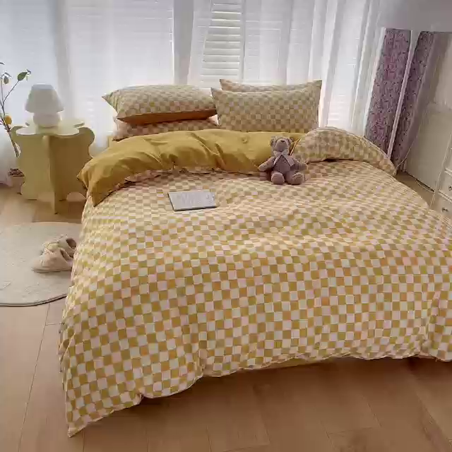 91家纺网 家纺一手货源 找家纺 赫然家纺 新款舒适柔软亲肤爆款芦荟棉四件套货源充足 棋盘格-黄