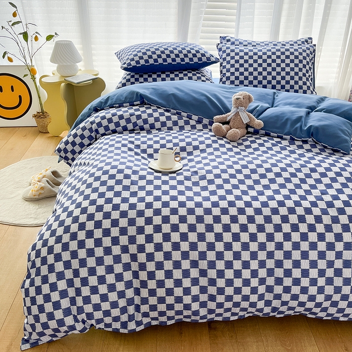 91家纺网 家纺一手货源 找家纺 赫然家纺 新款舒适柔软亲肤爆款芦荟棉四件套货源充足 棋盘格-蓝