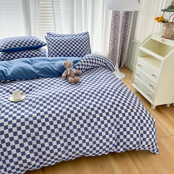 91家纺网 家纺一手货源 找家纺 赫然家纺 新款舒适柔软亲肤爆款芦荟棉四件套货源充足 棋盘格-蓝