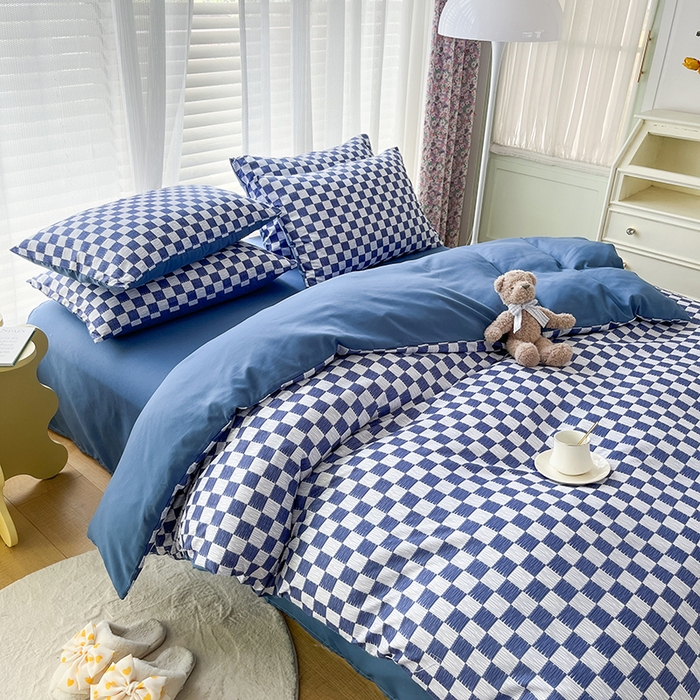 91家纺网 家纺一手货源 找家纺 赫然家纺 新款舒适柔软亲肤爆款芦荟棉四件套货源充足 棋盘格-蓝