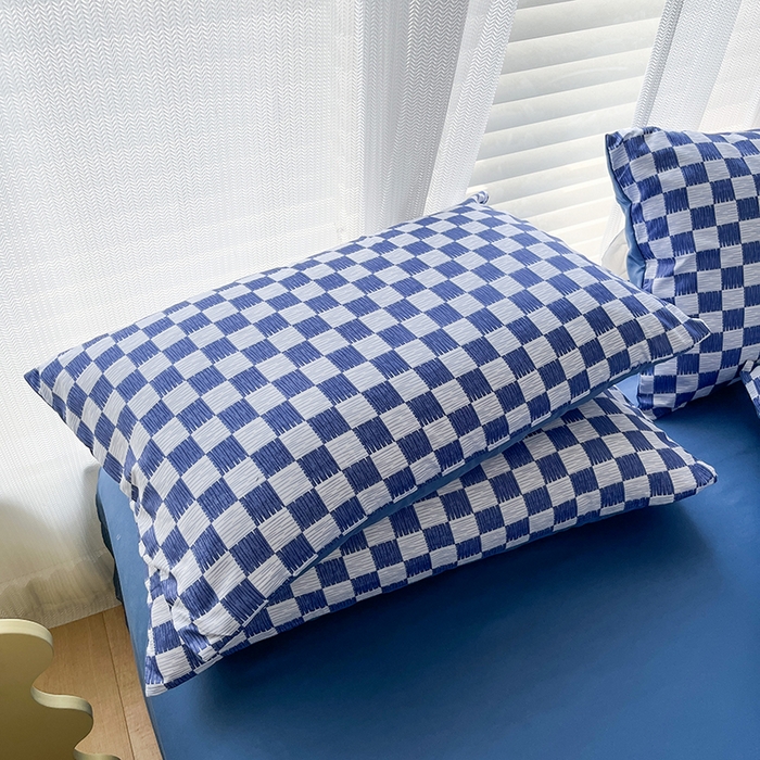 91家纺网 家纺一手货源 找家纺 赫然家纺 新款舒适柔软亲肤爆款芦荟棉四件套货源充足 棋盘格-蓝