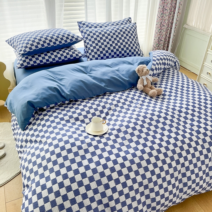 91家纺网 家纺一手货源 找家纺 赫然家纺 新款舒适柔软亲肤爆款芦荟棉四件套货源充足 棋盘格-蓝