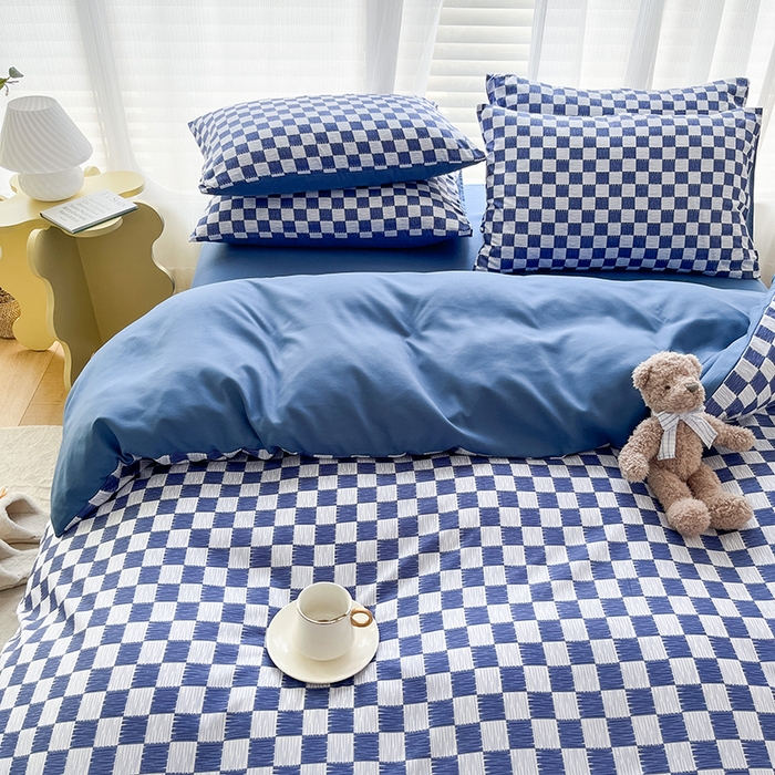 91家纺网 家纺一手货源 找家纺 赫然家纺 新款舒适柔软亲肤爆款芦荟棉四件套货源充足 棋盘格-蓝