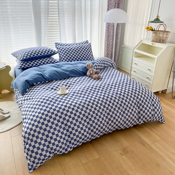 91家纺网 家纺一手货源 找家纺 赫然家纺 新款舒适柔软亲肤爆款芦荟棉四件套货源充足 棋盘格-蓝