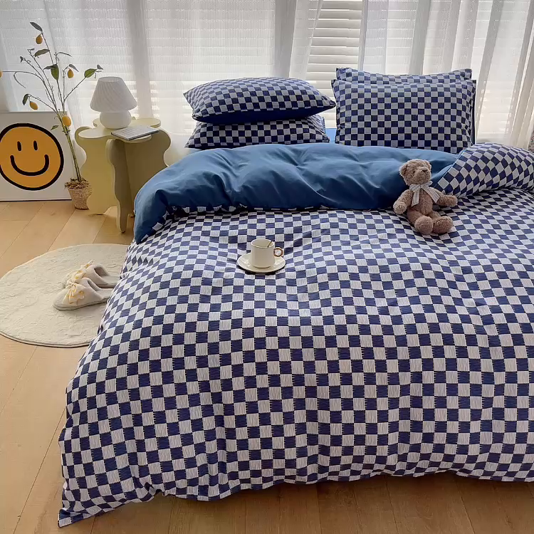 91家纺网 家纺一手货源 找家纺 赫然家纺 新款舒适柔软亲肤爆款芦荟棉四件套货源充足 棋盘格-蓝