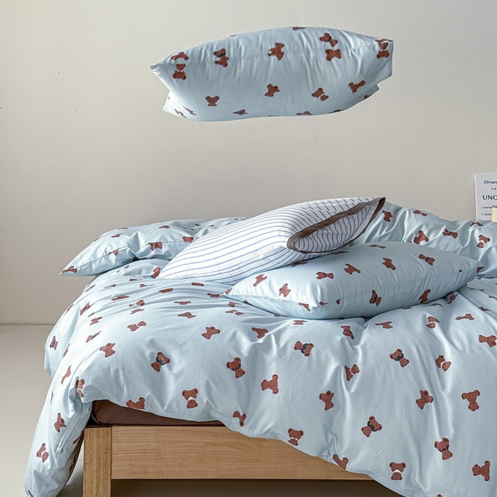 91家纺网 家纺一手货源 找家纺 Mr.pig猪先生水洗棉 2026新款A类小清新ins风全棉印花四件套（展示价格为控价，实际价格联系客服） 熊仔派对