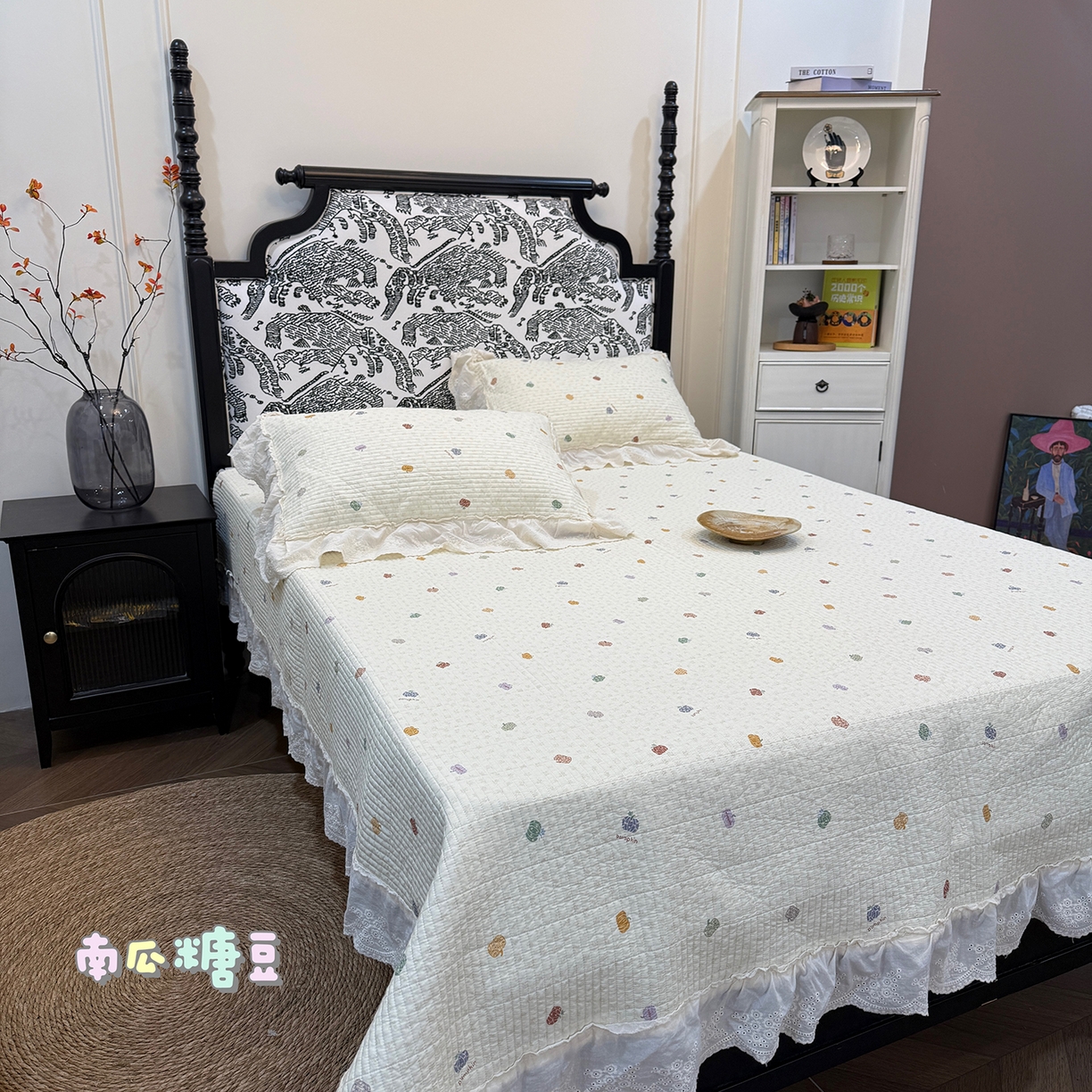 床盖工厂店 2026新款韩式田园小碎花系双面全棉花边床盖三件套 南瓜糖豆