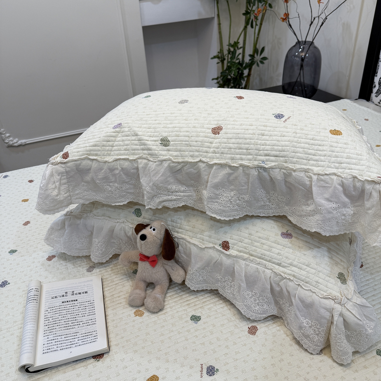 91家纺网 家纺一手货源 找家纺 床盖工厂店 2026新款韩式田园小碎花系双面全棉花边床盖三件套 南瓜糖豆