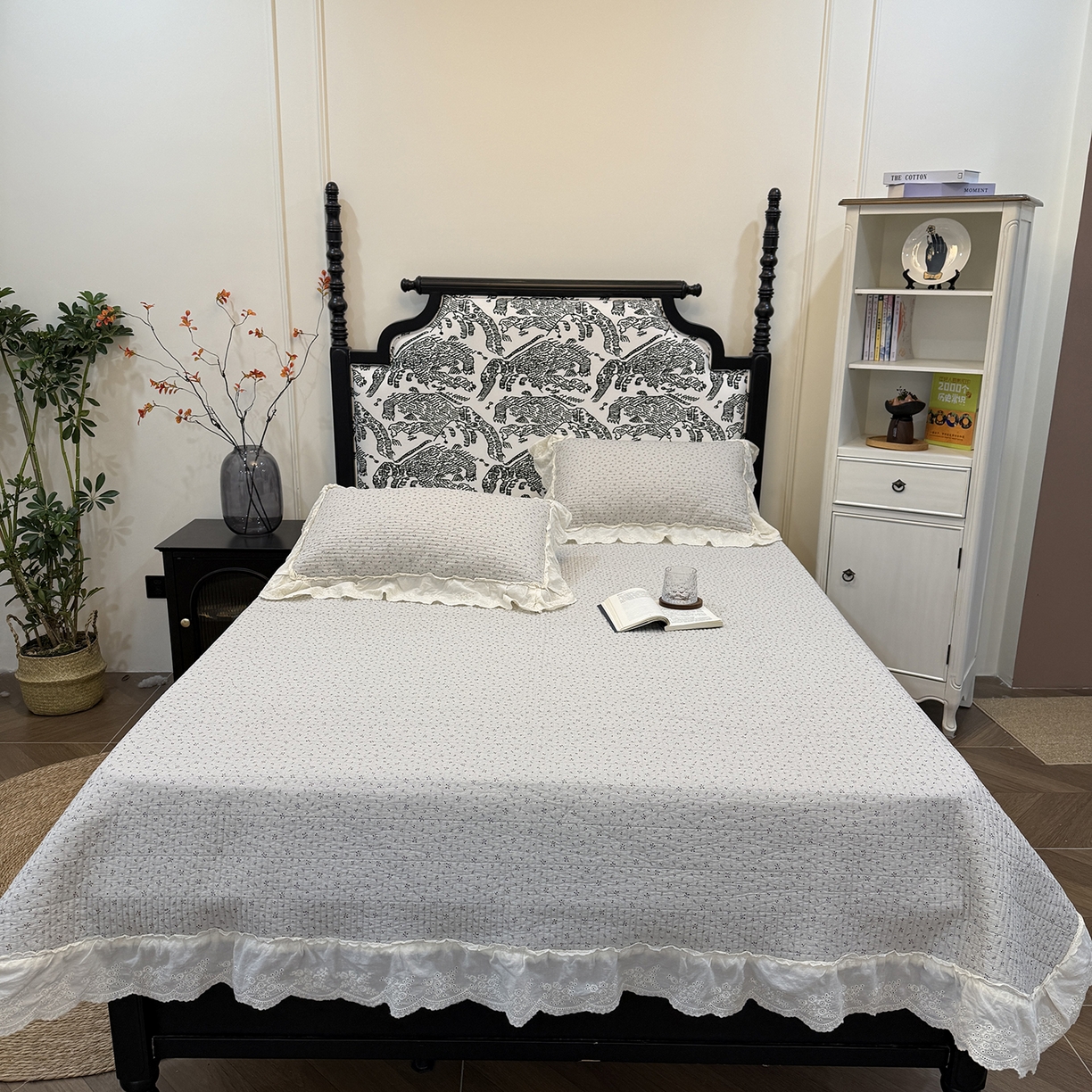 91家纺网 家纺一手货源 找家纺 床盖工厂店 2026新款韩式田园小碎花系双面全棉花边床盖三件套 喜时一咖