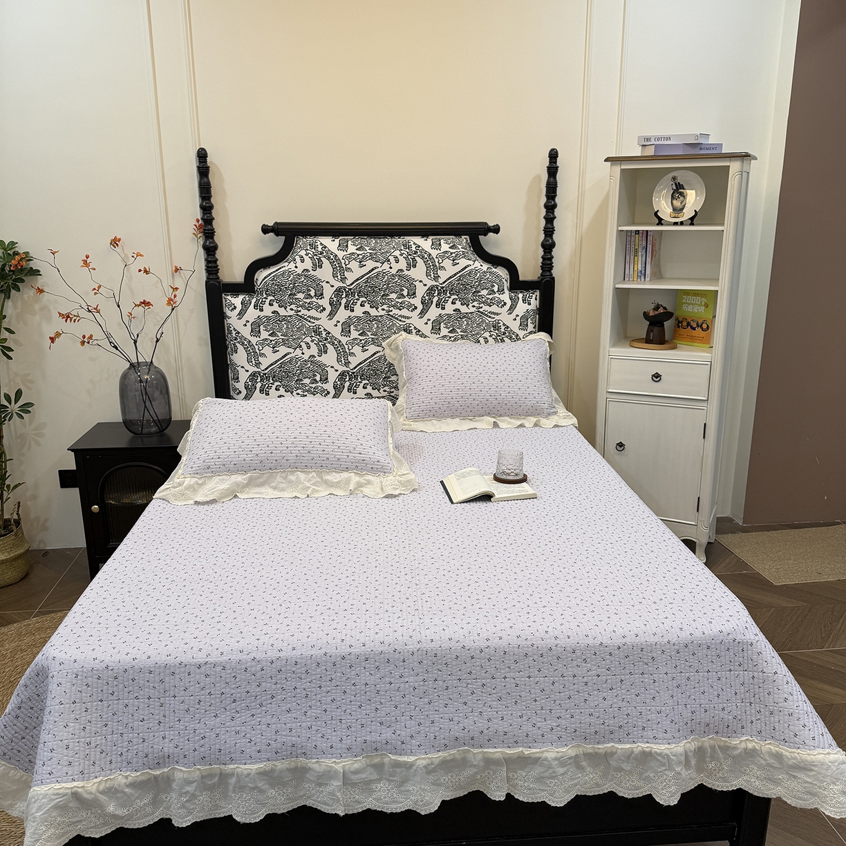 91家纺网 家纺一手货源 找家纺 床盖工厂店 2026新款韩式田园小碎花系双面全棉花边床盖三件套 樱桃果冻