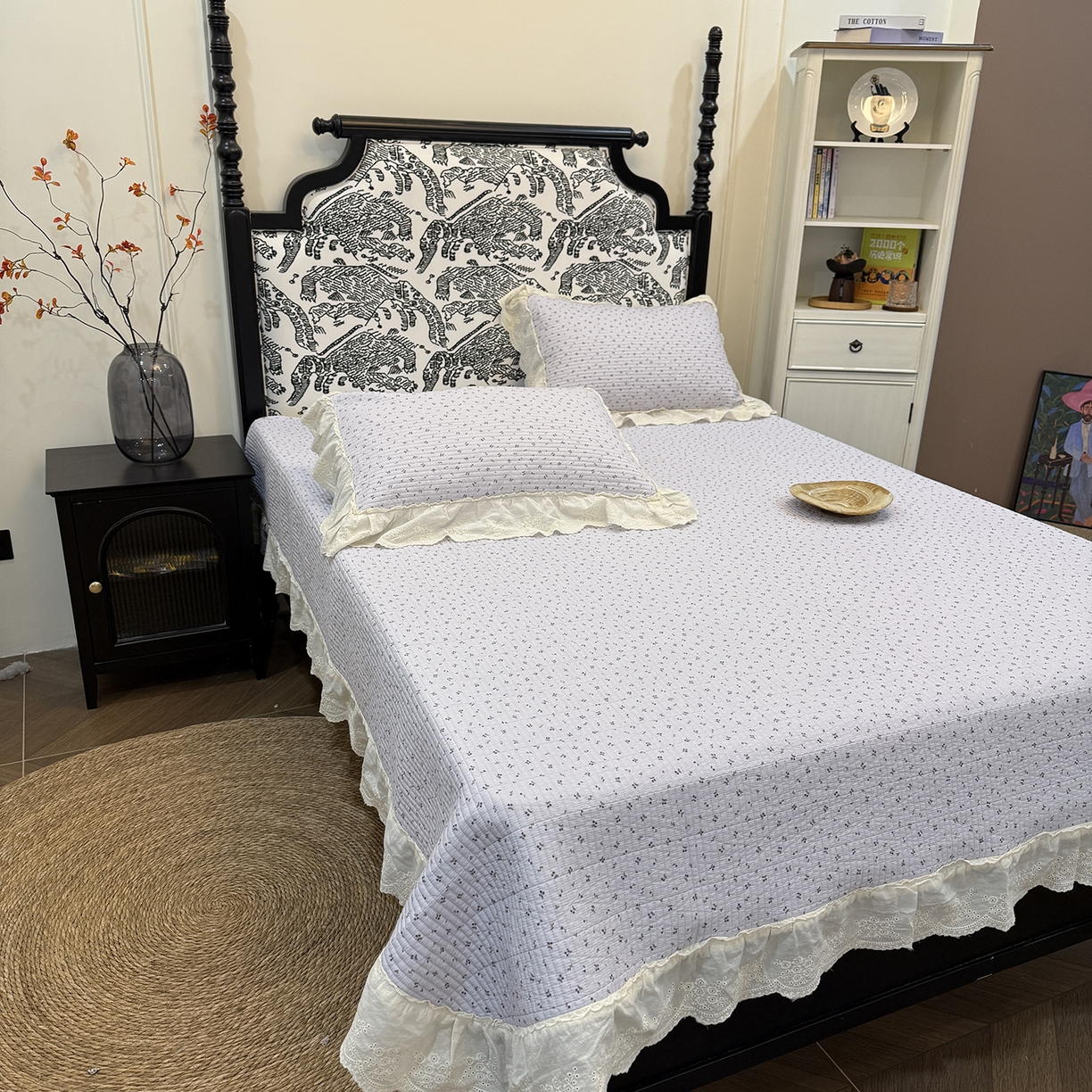 91家纺网 家纺一手货源 找家纺 床盖工厂店 2026新款韩式田园小碎花系双面全棉花边床盖三件套 樱桃果冻