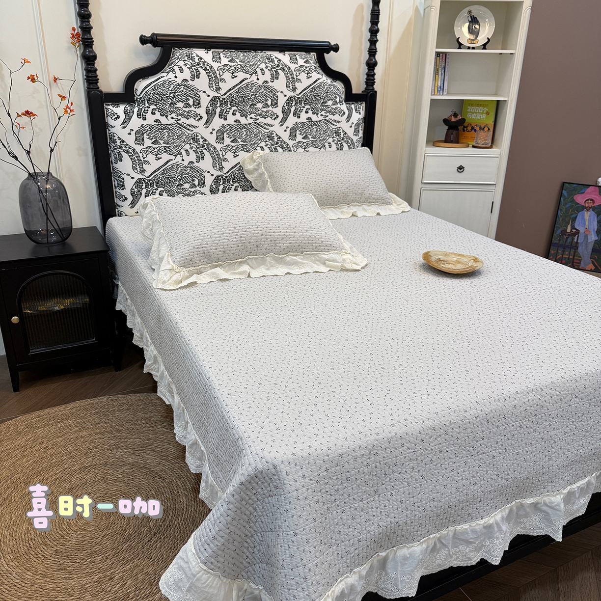 床盖工厂店 2026新款韩式田园小碎花系双面全棉花边床盖三件套 喜时一咖