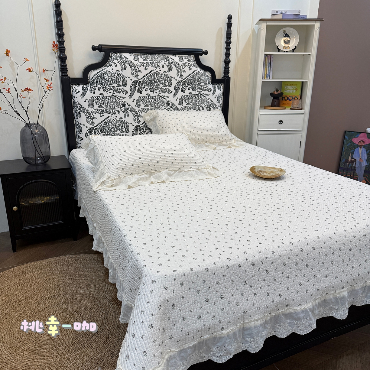 床盖工厂店 2026新款韩式田园小碎花系双面全棉花边床盖三件套 桃幸一咖