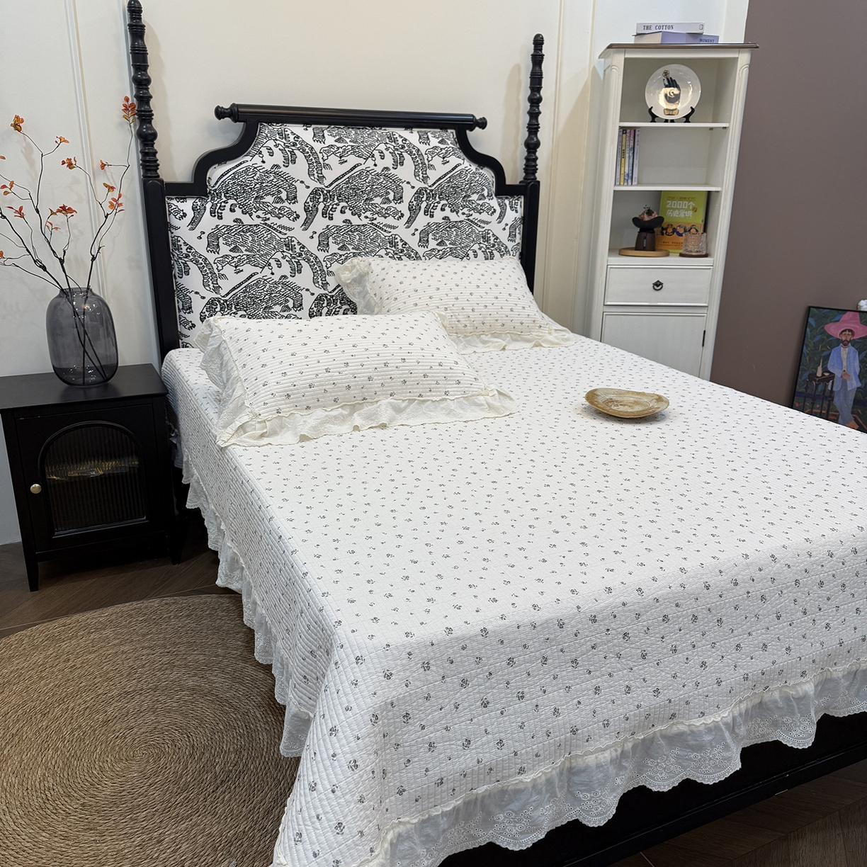 91家纺网 家纺一手货源 找家纺 床盖工厂店 2026新款韩式田园小碎花系双面全棉花边床盖三件套 桃幸一咖