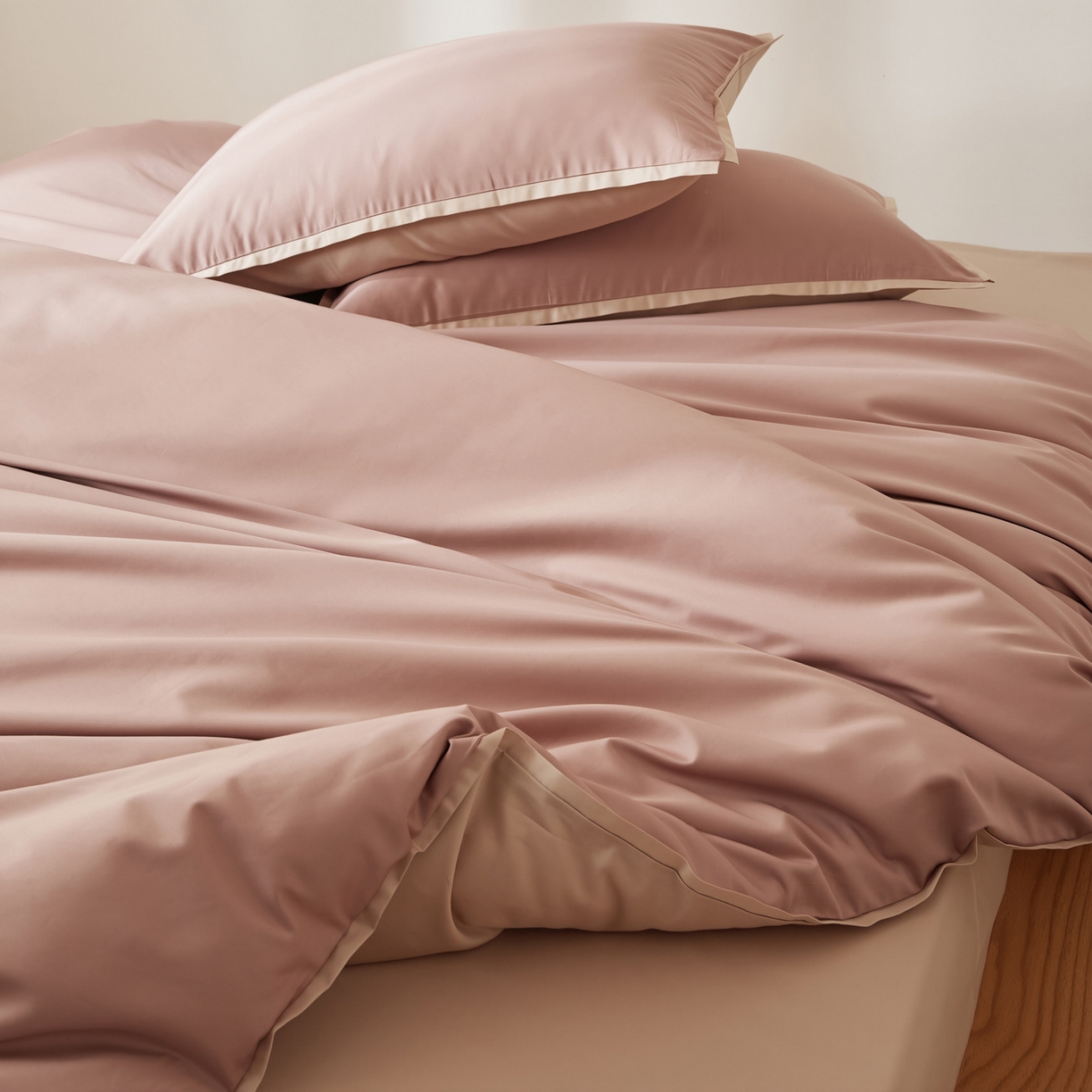 91家纺网 家纺一手货源 找家纺 EH家居 2026新款长绒棉窄边四件套 泡沫粉