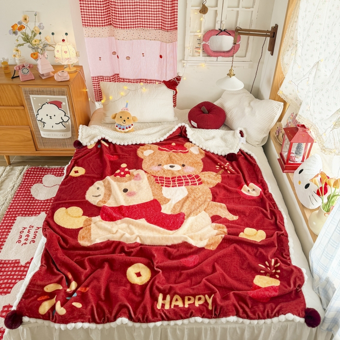 91家纺网 家纺一手货源 找家纺 （总）潮邦创意家居 2026马年新年款数码高克重牛奶绒工艺球毯-萌马乐年系列