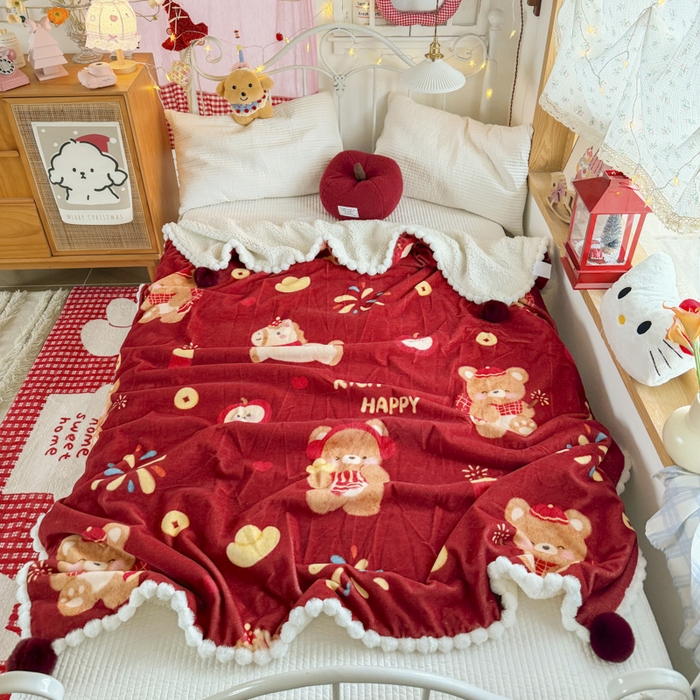 潮邦创意家居 2026马年新年款数码高克重牛奶绒工艺球毯-萌马乐年系列 萌熊贺马