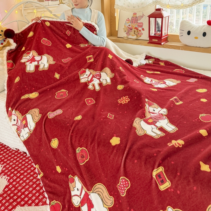 91家纺网 家纺一手货源 找家纺 （总）潮邦创意家居 2026马年新年款数码高克重牛奶绒工艺球毯-萌马乐年系列