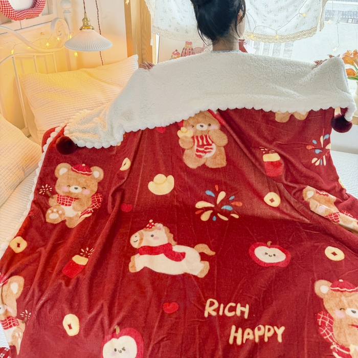 91家纺网 家纺一手货源 找家纺 潮邦创意家居 2026马年新年款数码高克重牛奶绒工艺球毯-萌马乐年系列 萌熊贺马