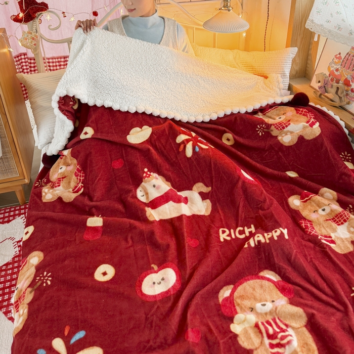 91家纺网 家纺一手货源 找家纺 潮邦创意家居 2026马年新年款数码高克重牛奶绒工艺球毯-萌马乐年系列 萌熊贺马